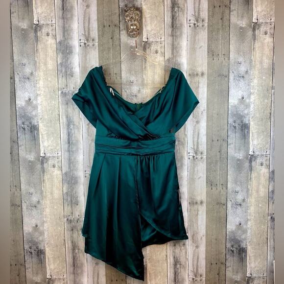 NWT Lulus Always Celebrating Dark Green Satin Off-the-Shoulder Mini Dress Large - Picture 2 of 15